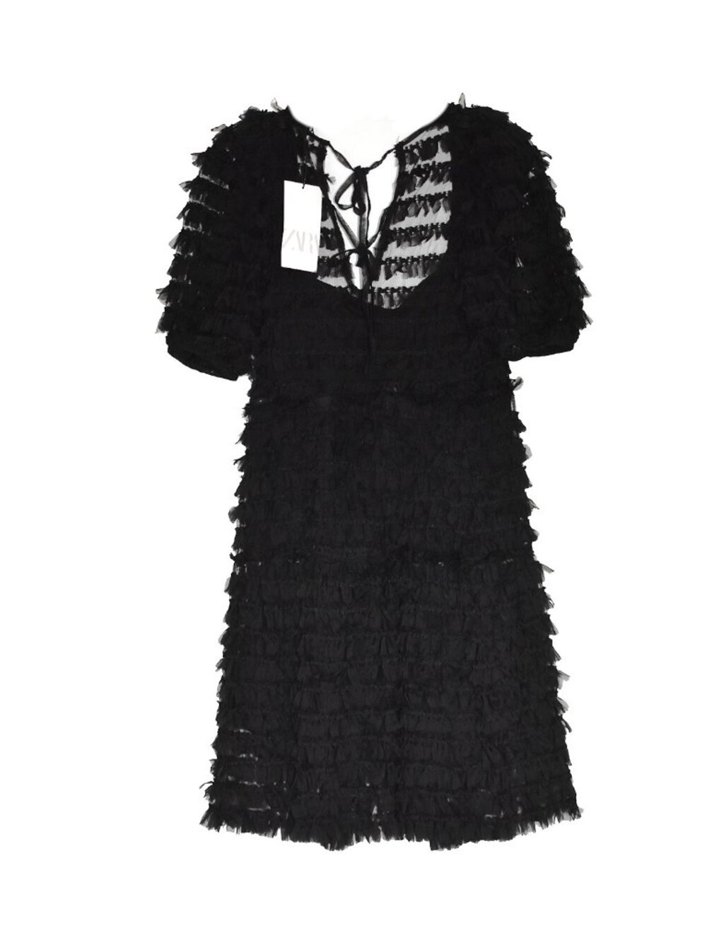 Zara Women’s Dress Puff Sleeves Textured Fringe Detailing Black Size S NEW - Picture 4 of 5